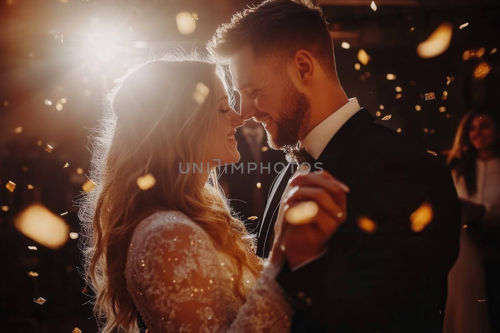 Romantic couple dancing together under falling golden confetti during their wedding celebration