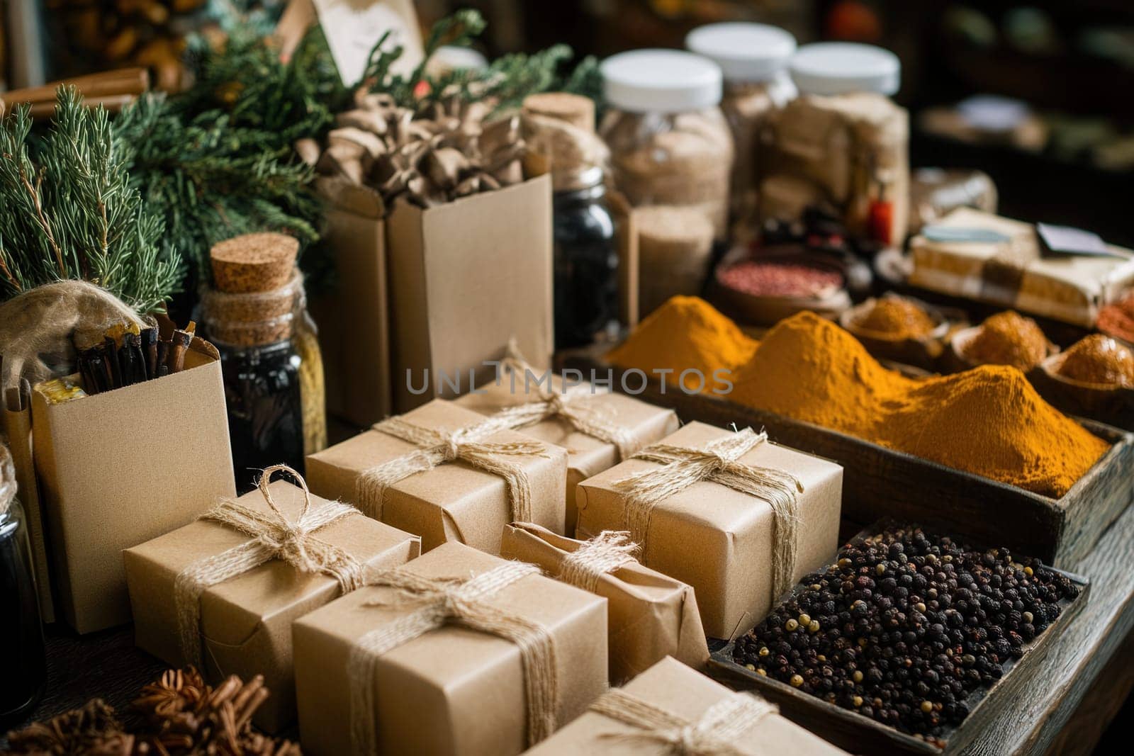 Christmas presents wrapped in ecological paper displayed on a wooden table with various spices and herbs, creating a warm and festive atmosphere