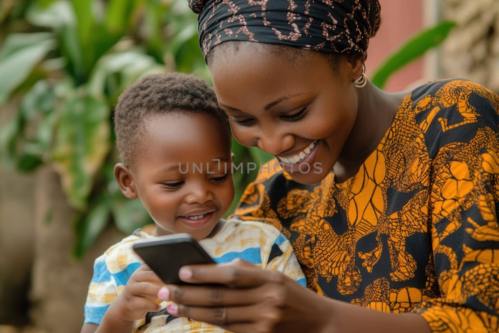 Smiling mother and son enjoying time together while using a smartphone outdoors