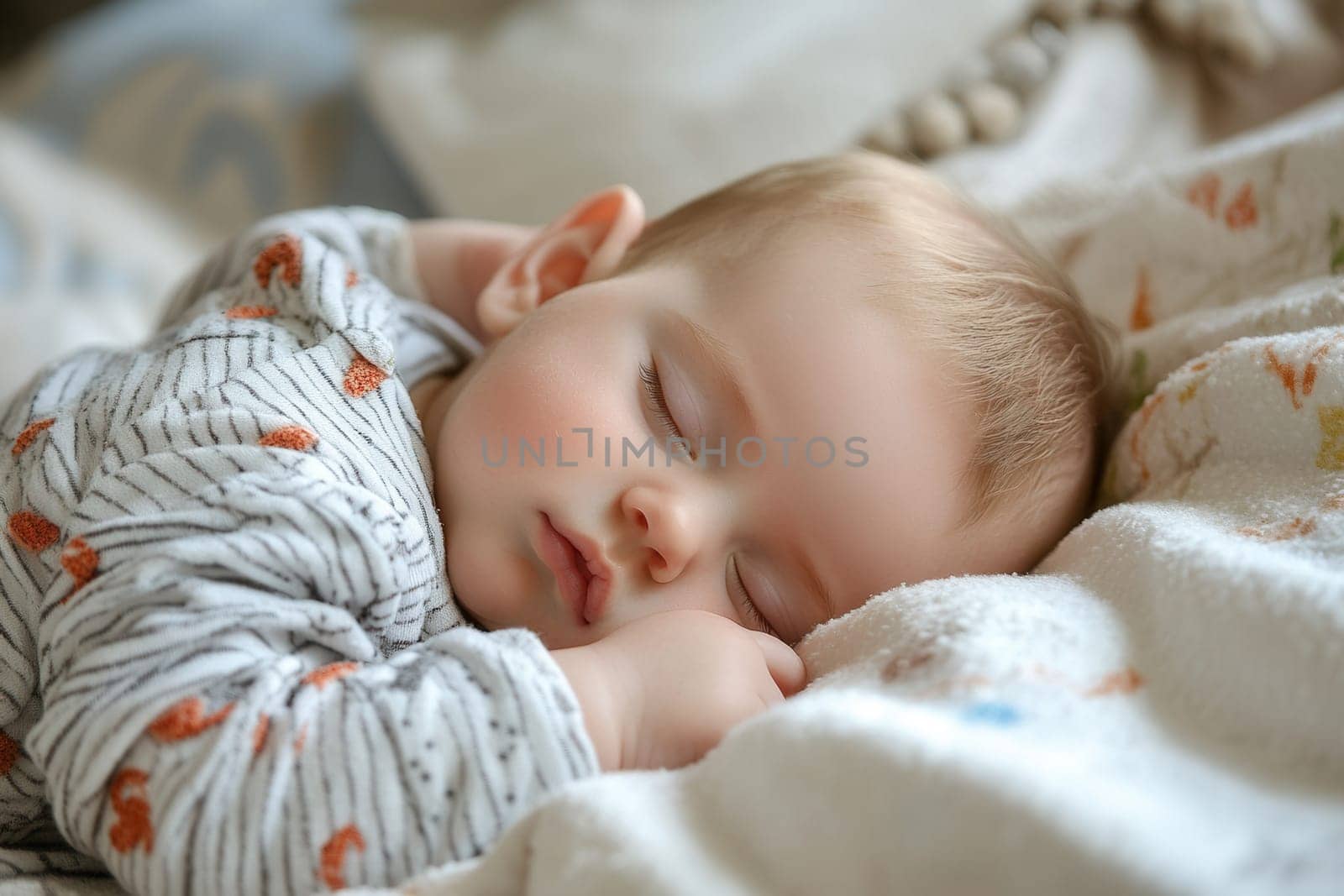 Adorable newborn baby boy sleeping peacefully in bed, enjoying a restful slumber