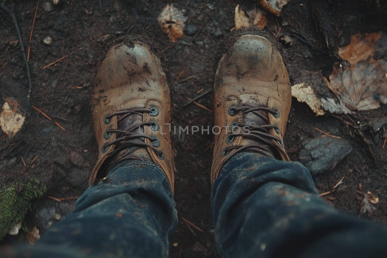 Muddy boots on a hiking trail in a forest, showing the ruggedness of outdoor adventures