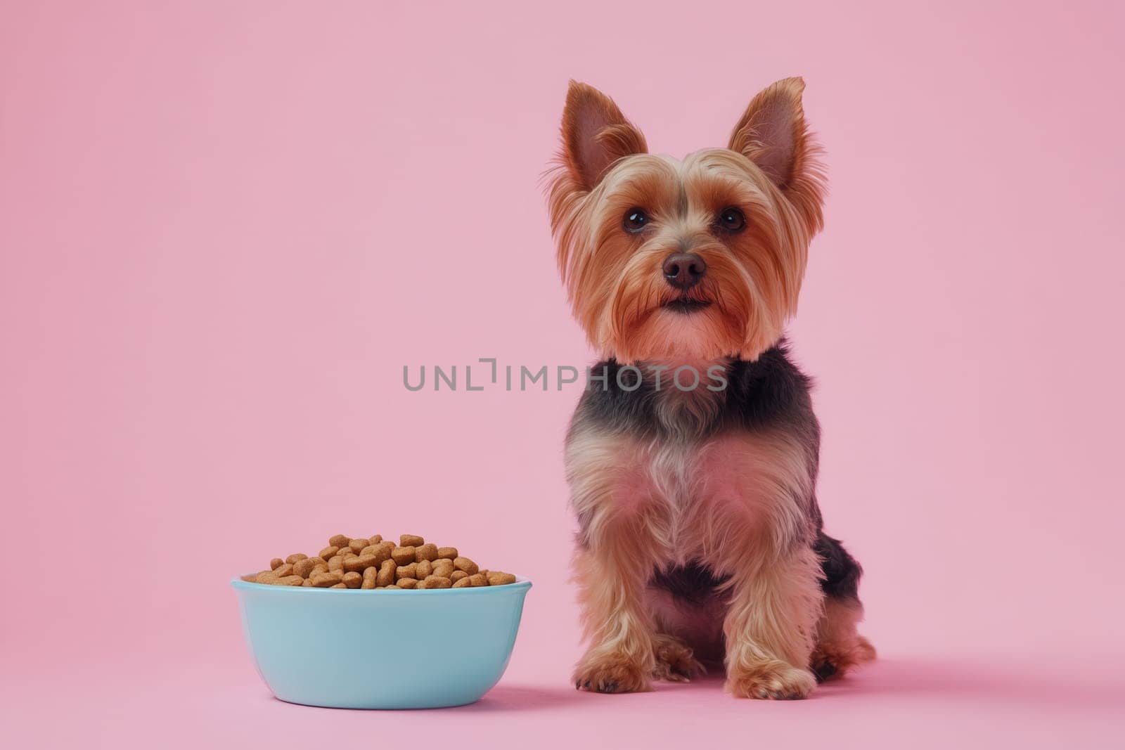 Yorkshire terrier sitting near a bowl full of dry food on a pink background
