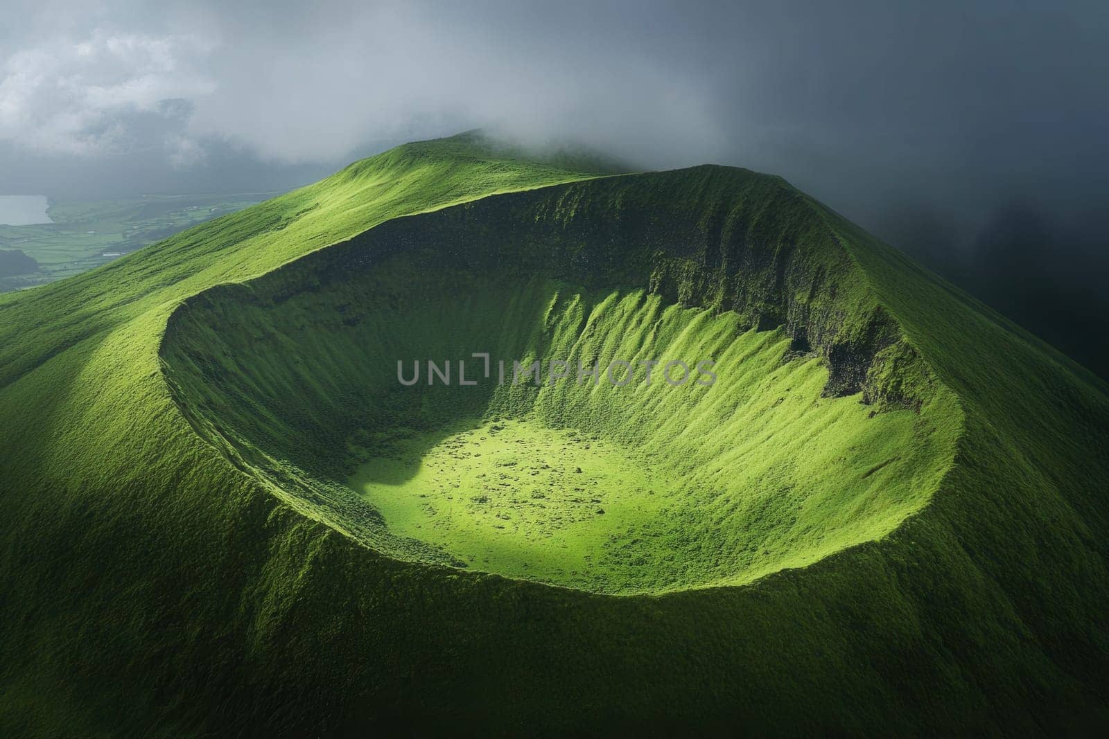 Sunlight illuminates the vibrant green slopes of a volcanic crater in the azores, portugal, creating a dramatic landscape
