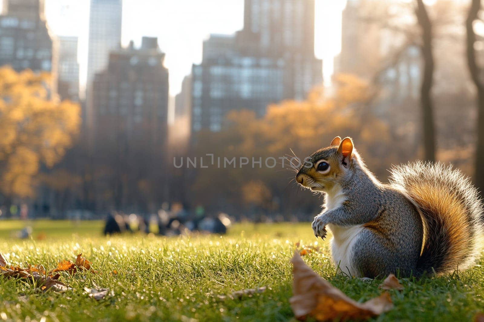 Eastern gray squirrel enjoying golden hour sunlight on green grass and fallen leaves in central park, with new york city skyline in background