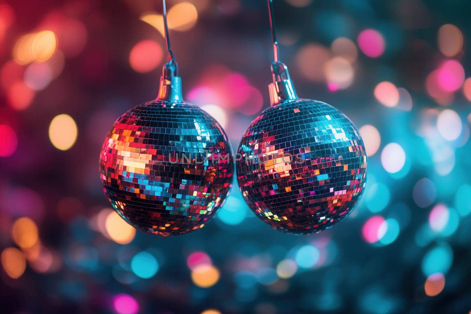 Two disco balls are hanging and reflecting colorful lights on a blurred background