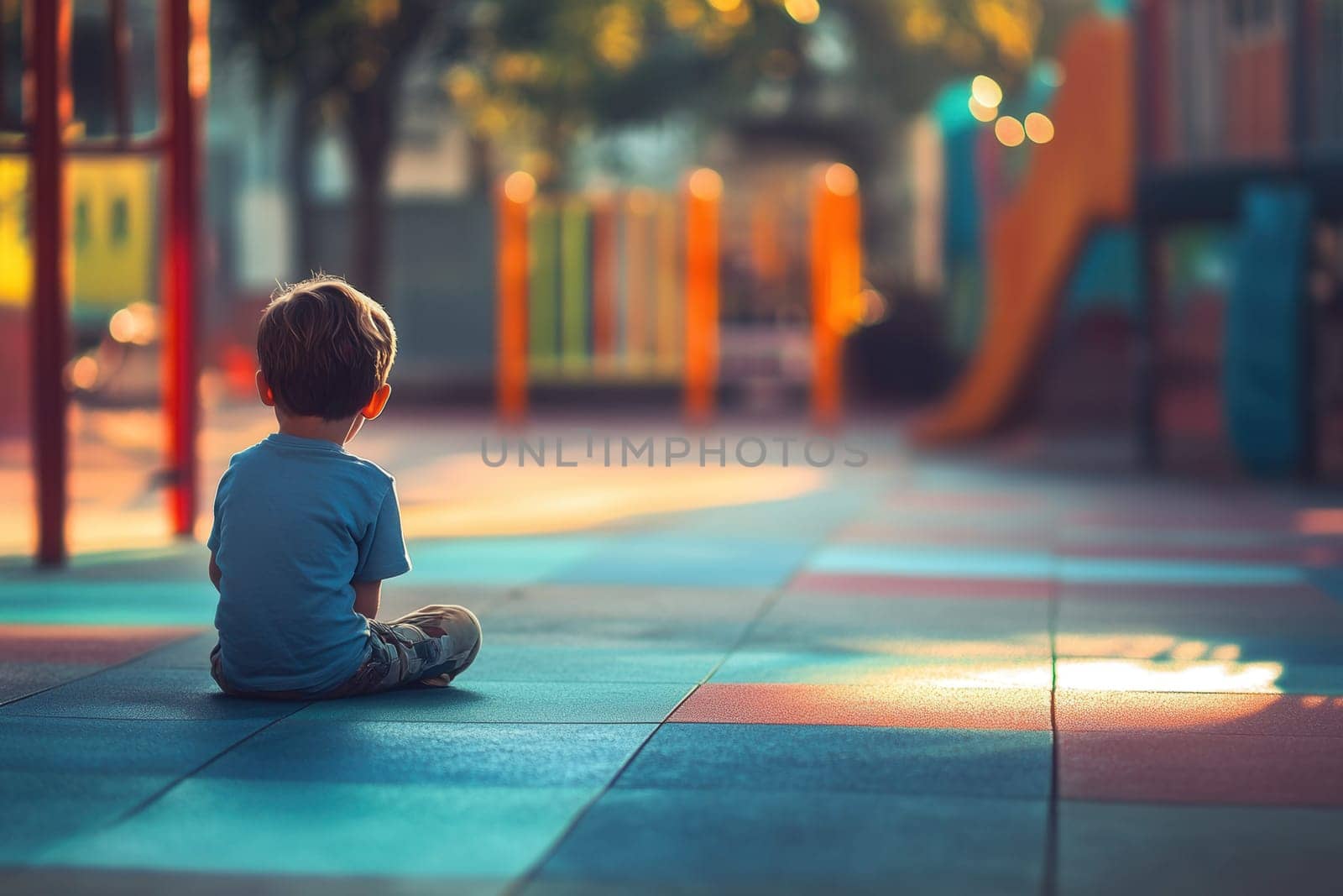 Little boy sitting alone at playground during sunset