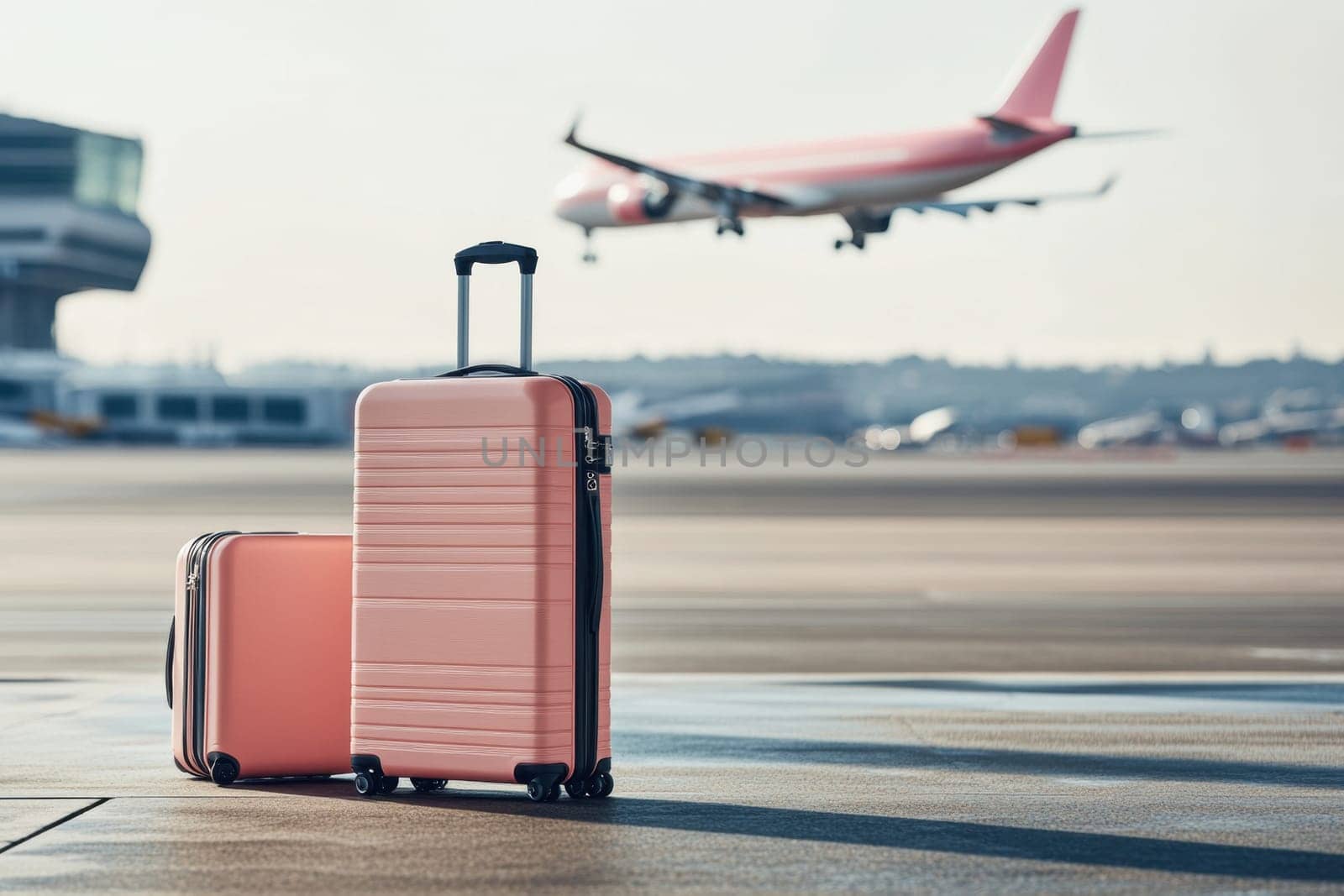 Pink luggage sitting on the airport runway with an airplane landing in the background, ready for a journey