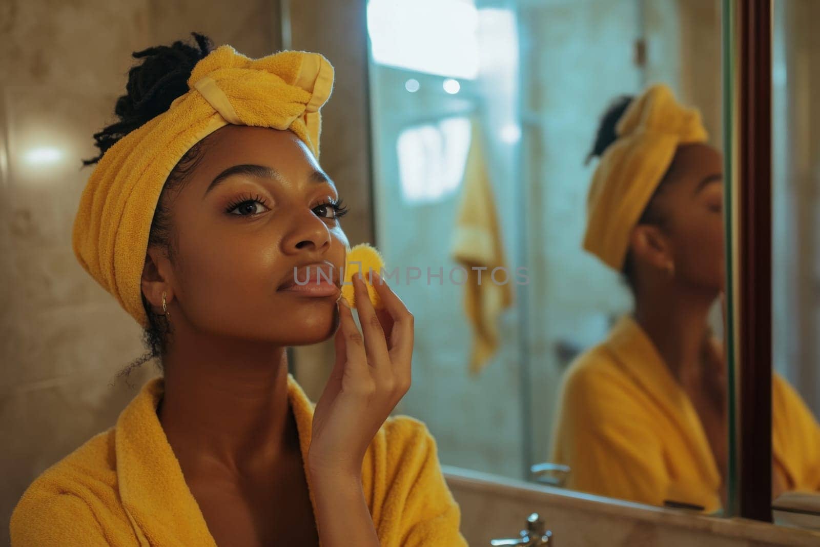 Model using a sponge to apply foundation on her face, reflecting in the bathroom mirror during her daily beauty routine