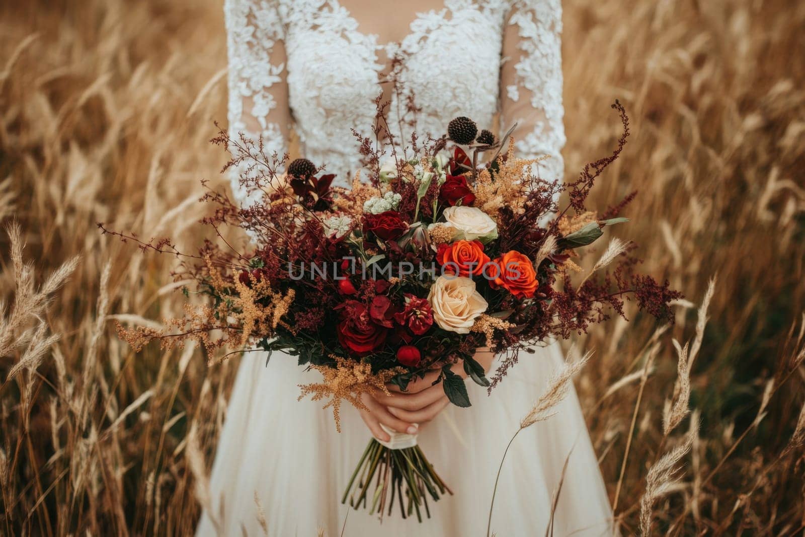 Bride in white wedding dress holding beautiful bouquet of red, orange, and peach flowers in a wheat field