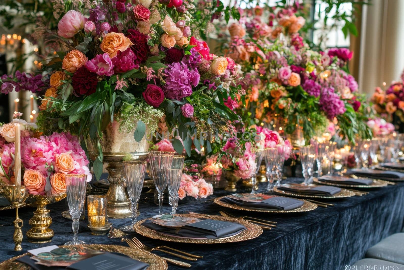 Elegant wedding table setting featuring colorful flower arrangements, candles, and gold accents, creating a luxurious atmosphere