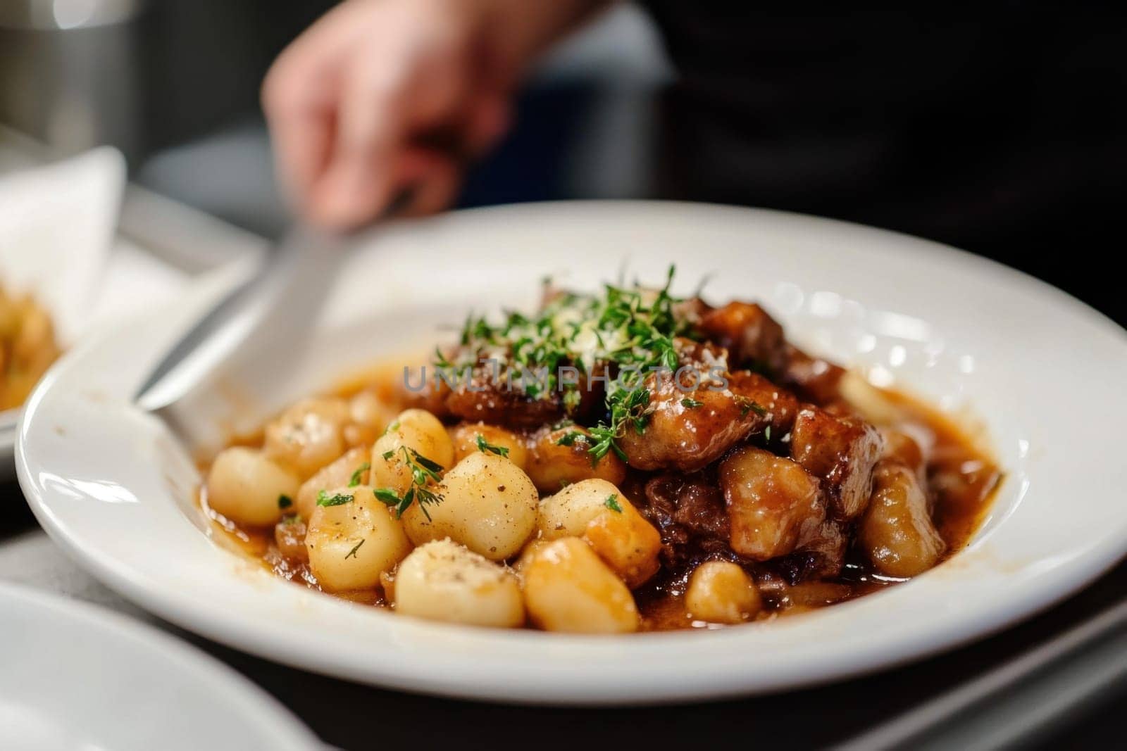 Roasted venison loin served with spatzle and fresh thyme, being plated by a chef in a restaurant kitchen