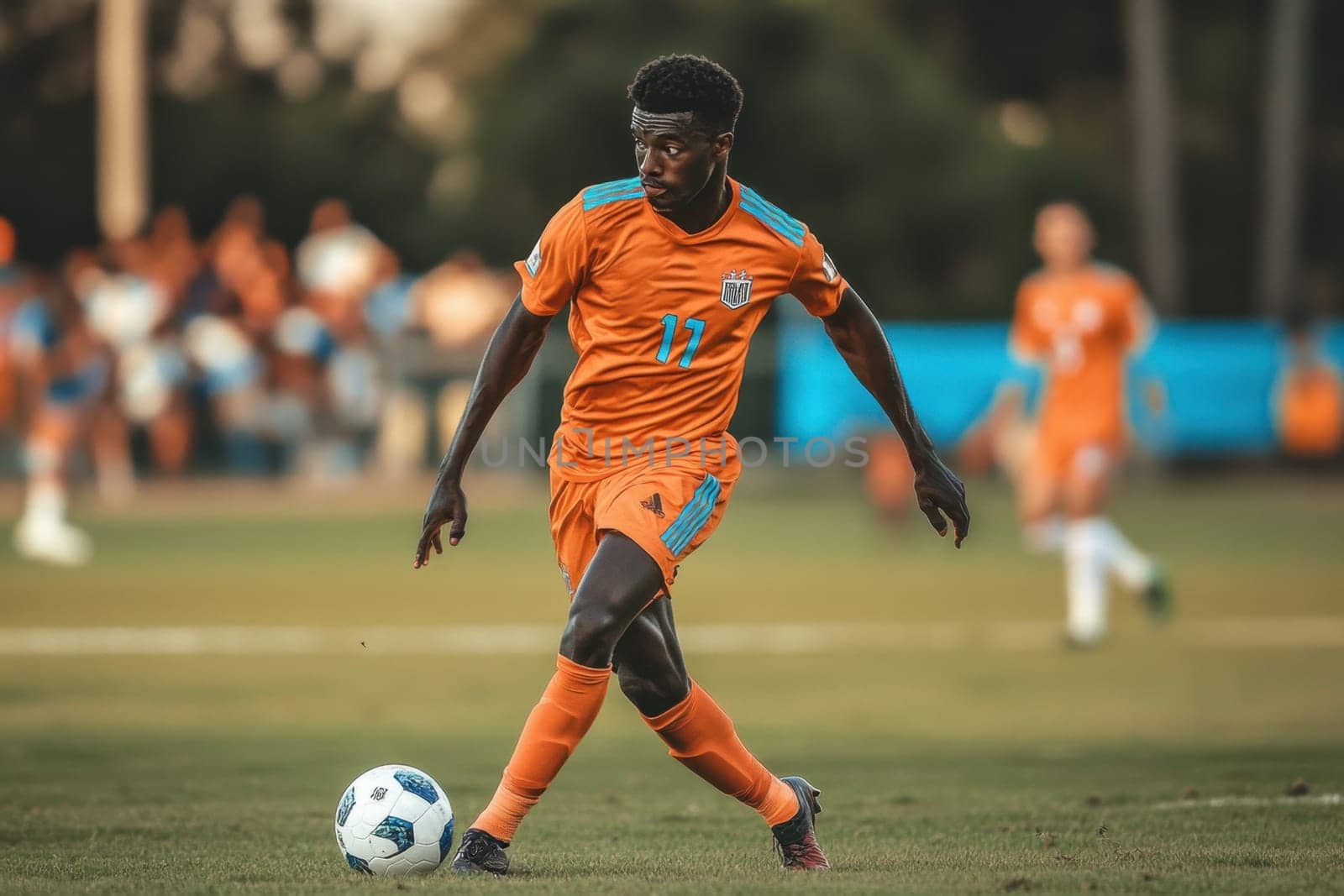 Soccer player maneuvering with the ball during a professional game, displaying agility and control