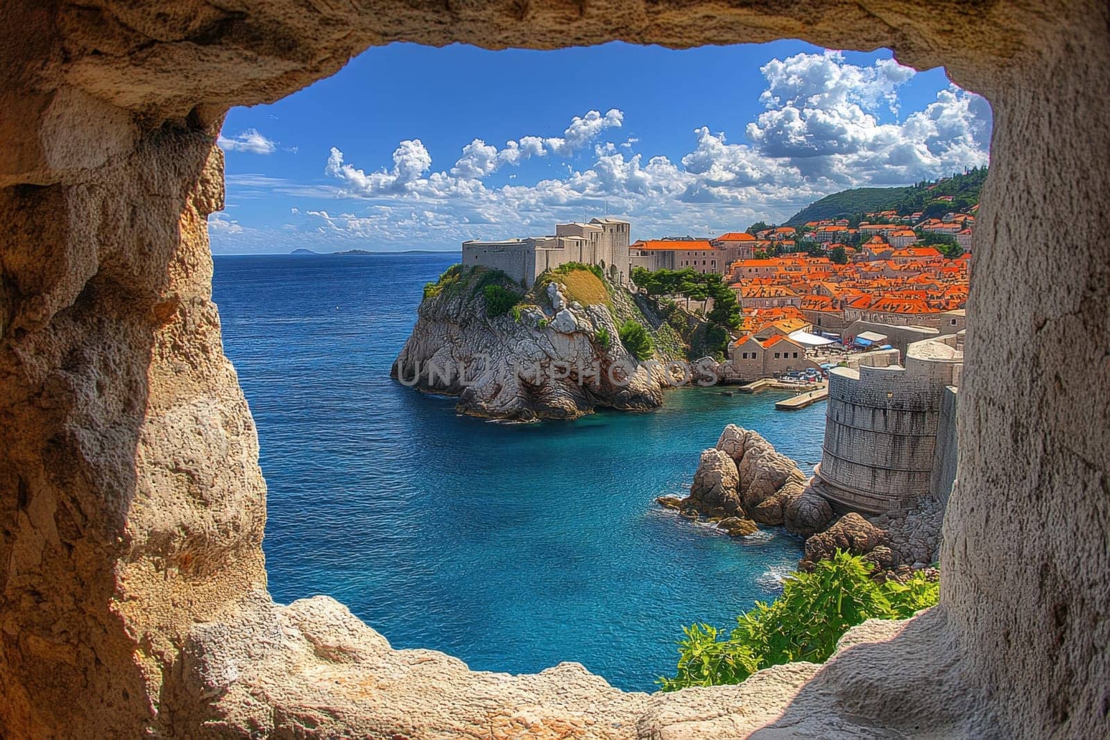 Scenic view of dubrovnik's old town and fort lovrijenac from a fortress window, showcasing the adriatic sea and medieval architecture