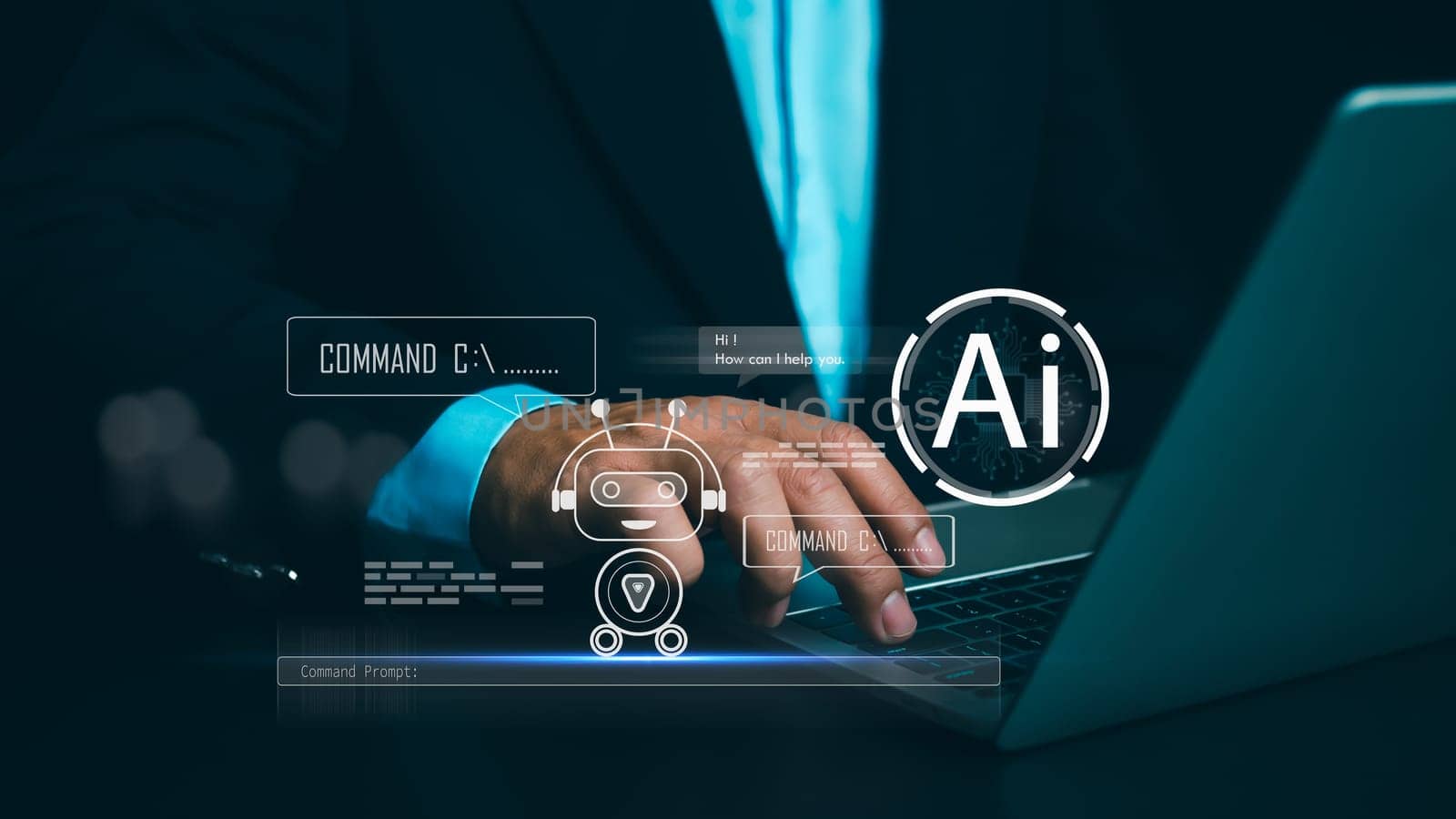 Businessman uses hand touching a virtual robot displaying questions and answers with artificial intelligence, Machine learning, AI technology, AI brain network in business analysis, Chat bot.