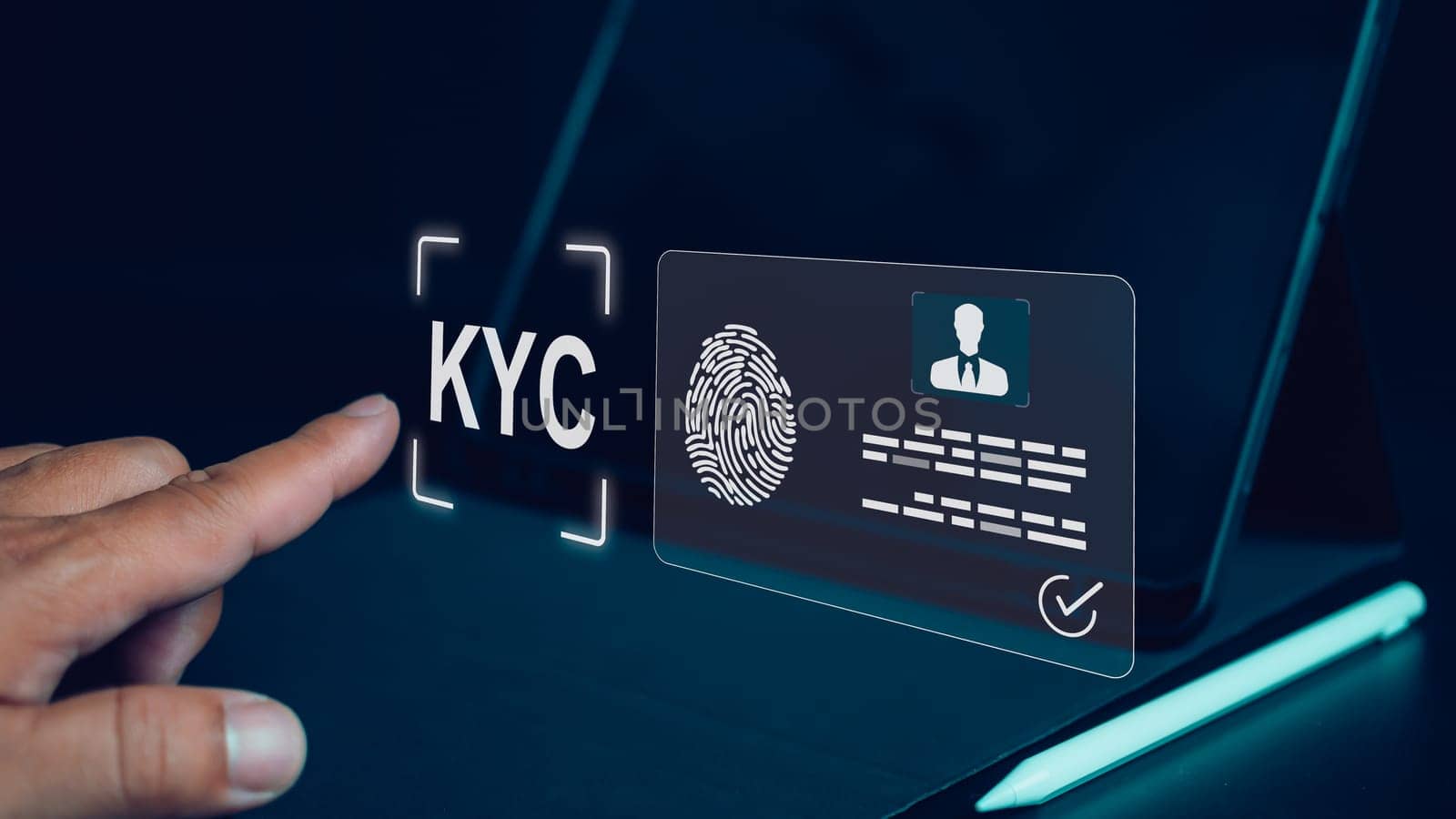 Personal information for identification, Human engaging in KYC verification, Know your customer concept, Business verifying the identity of clients for KYC financial client authentication.
