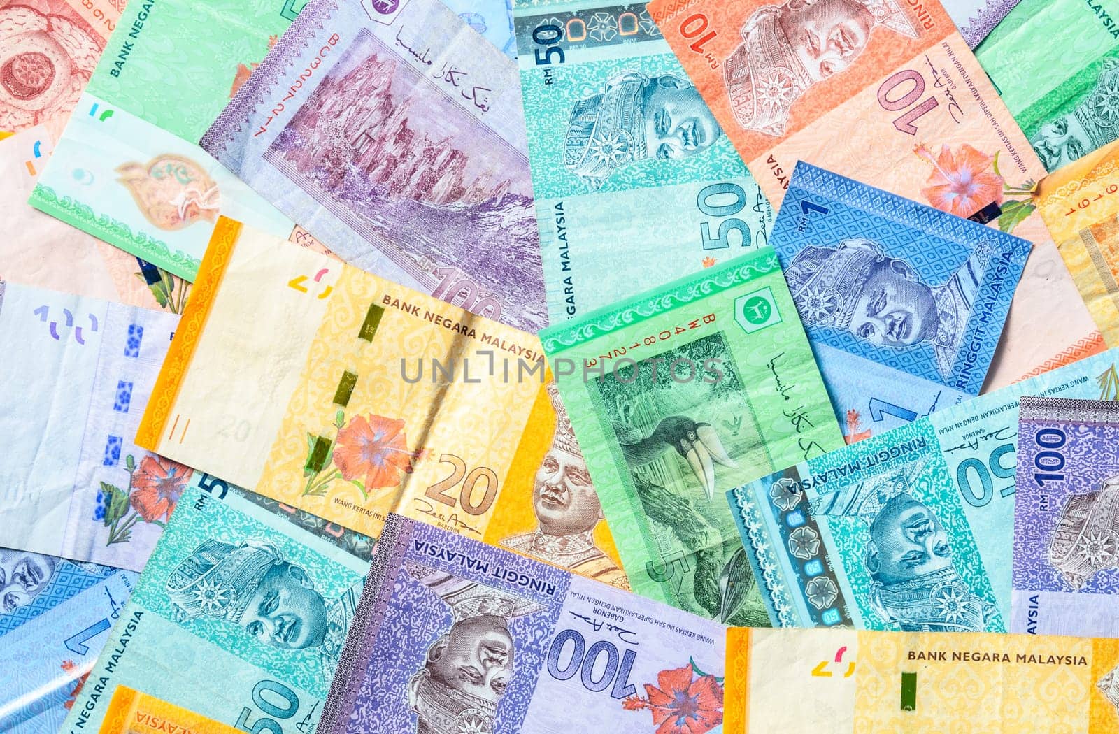 Malaysia currency of Malaysian ringgit banknotes background. Paper money of one, five, ten, twenty, fifty and hundred ringgit notes. Financial concept.