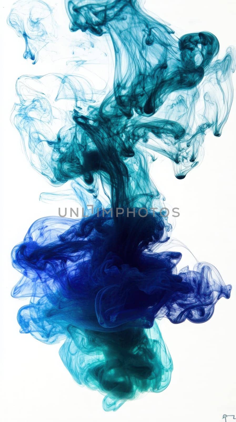 Vibrant swirls of blue and green ink blend and dance in clear water, forming captivating abstract shapes and patterns. The fluid motion captures the beauty of color diffusion.