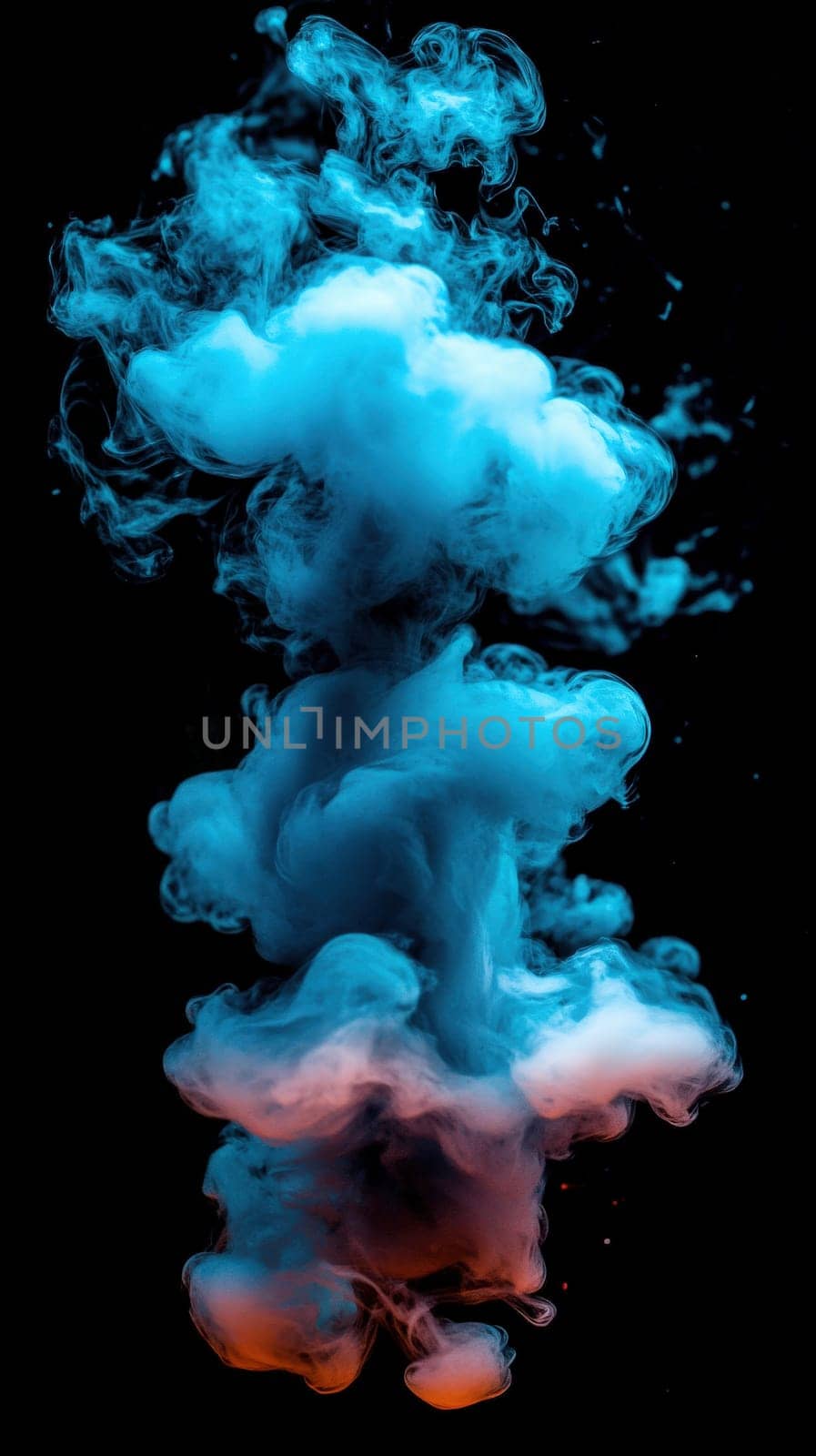 A cloud of vibrant blue and pink smoke swirls and billows against a dark backdrop, creating a captivating visual effect. The thick vapor rises and disperses slowly, enhancing the atmosphere.