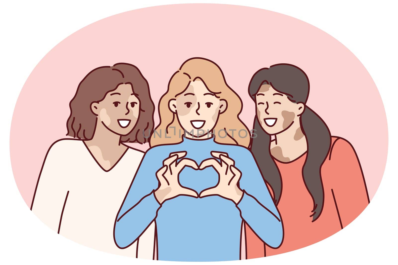 Three women with vitiligo syndrome are smiling demonstrating heart gesture as sign of self-love. Girl friends congratulate on vitiligo day calling for tolerance to people with depifmentation of skin