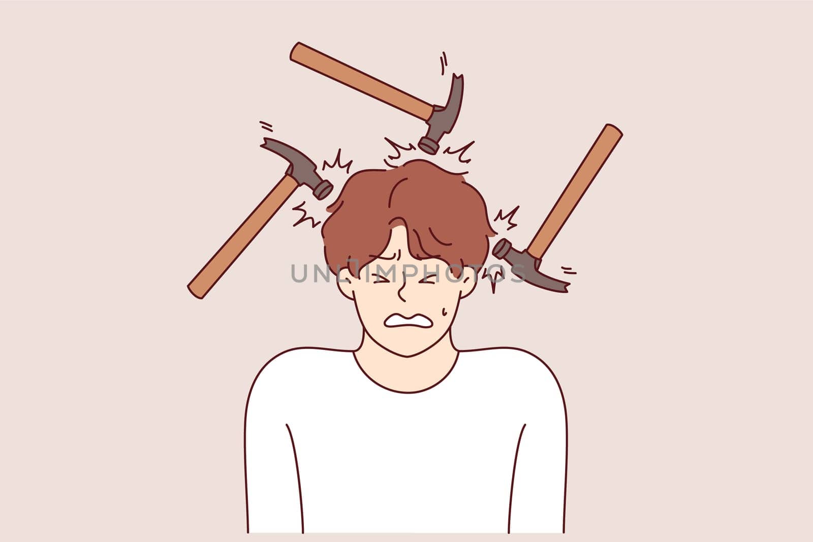 Headache and migraine torment man making painful grimace, standing among hammers. Problem of headaches caused by stress and noisy neighbors necessitates taking antibiotics and painkillers