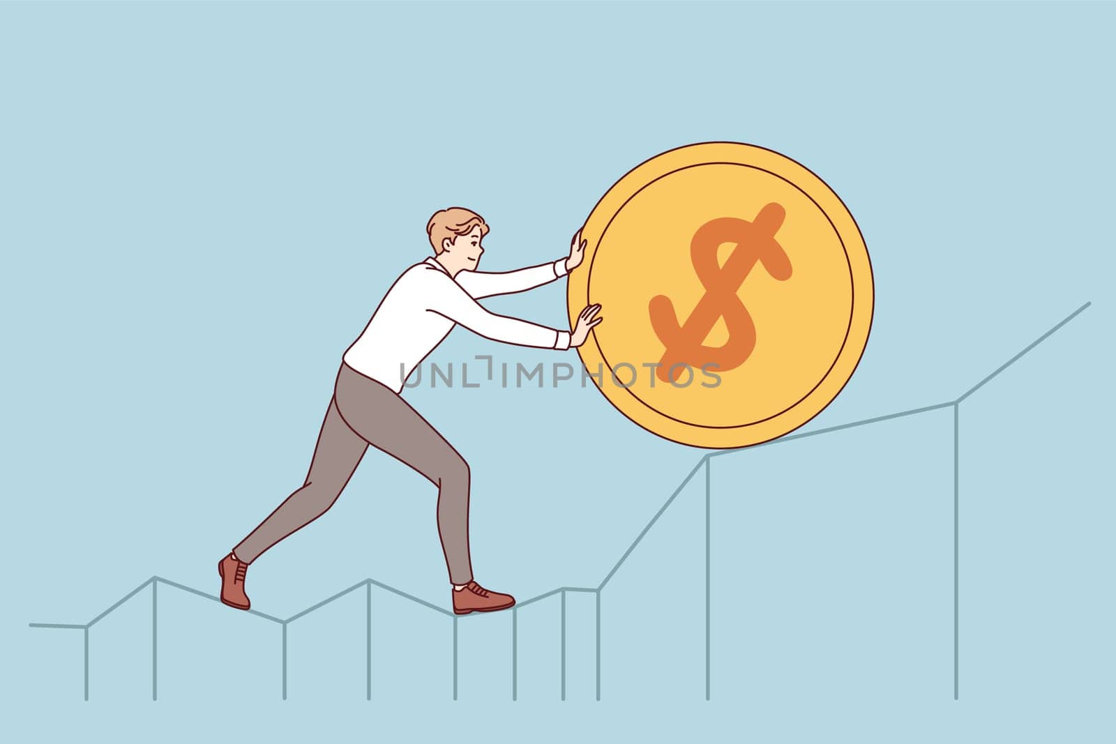 Ambitious man pushes gold coin upward, demonstrating desire to increase income from work or investment. Ambitious investor works to improve financial well-being and generate excess income