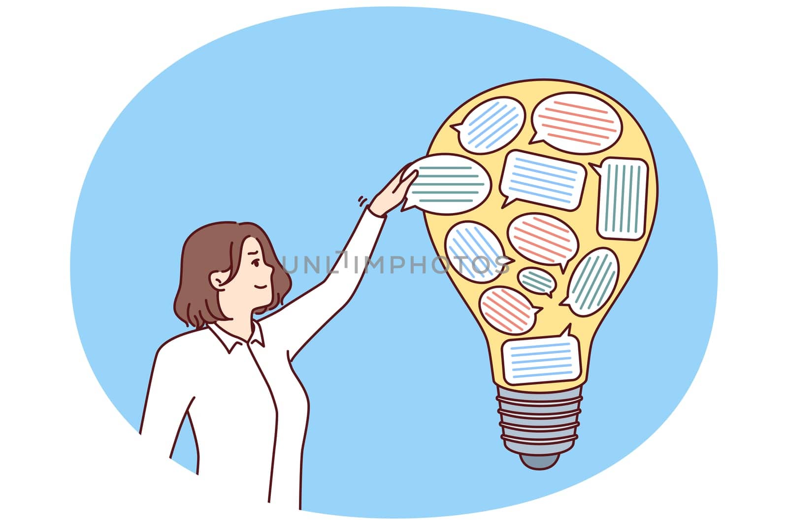 Businesswoman near light bulb with stickers in form dialogue bubbles symbolizing new ideas after brainstorming. Metaphor of cooperation in company to get innovative ideas to improve business processes