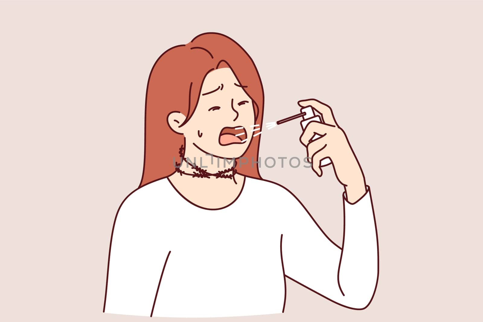 Cough spray is used by woman to cure infection and kill viruses in mouth after contracting flu. Girl with barbed wire around neck is sick with flu caused by outbreak of dangerous pandemic or epidemic.