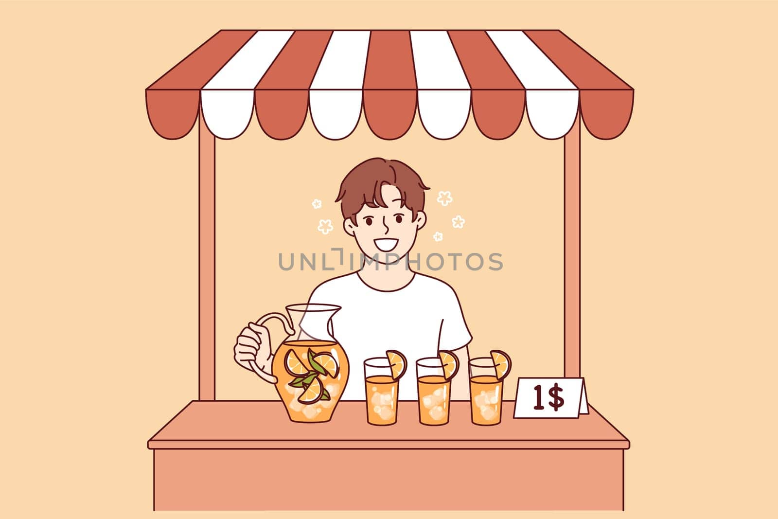 First job for little boy selling lemonade, earning money and dreaming of becoming professional businessman. First job of happy child pouring citrus lemonade into glasses and standing in street stall