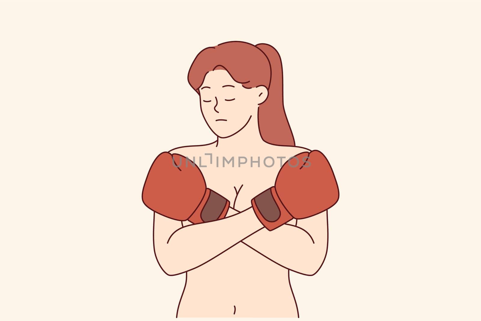 Woman suffering from domestic violence and male dominance covers bare chest with boxing gloves. Problem of domestic violence in different communities causes depression in feminist girl