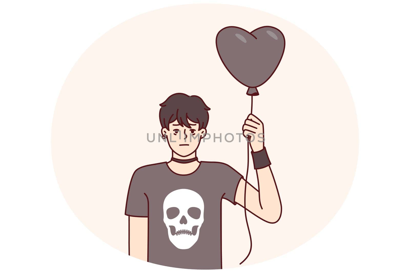 Guy teenager in goth clothes holds black balloon in form of heart for girl he likes from school. Emotionless boy in black t-shirt with skull is fan of informal association of goth subculture