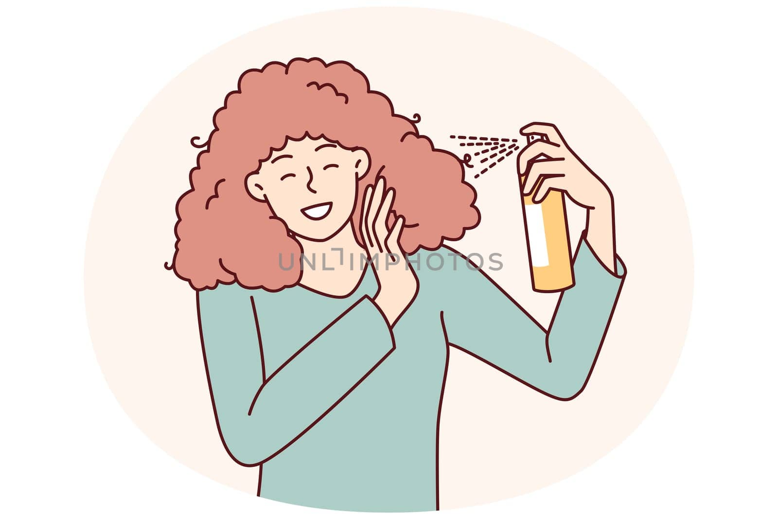 Woman uses spray to create cool hairstyle before going to party or gala dinner. Girl is engaged in independent hair care, wanting to have beautiful hairstyle thanks to cosmetic products