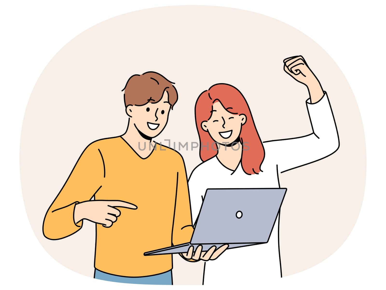 Happy couple with laptop make win gesture after winning in online casino or lottery with cash prize. Man and woman make video call together in laptop and rejoice after learning good news