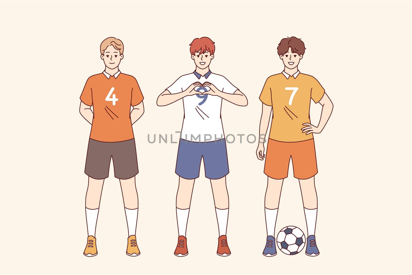 Team of soccer players plays in professional league, and poses in sports uniforms with numbers. Football players from school team smile, preparing for game and dream of competing in competitions