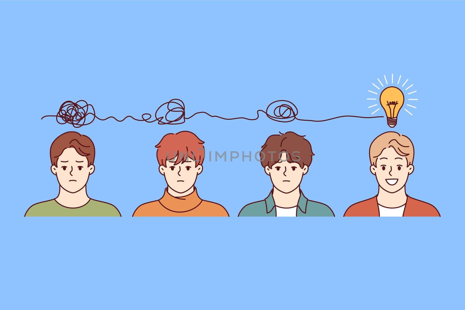 Several men brainstorm together and organize chaotic thoughts into idea in form of light bulb above heads. Teams brainstorm and develop ideas to obtain ideal and innovative product