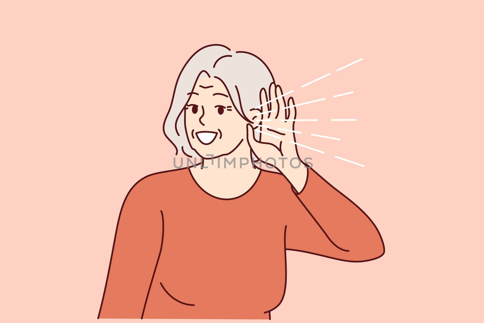 Elderly woman experiences deafness and puts hand to ear to hear interlocutor. Gray-haired lady needs to treat deafness and buy hearing aid, or overhears gossip of neighbors discussing secrets