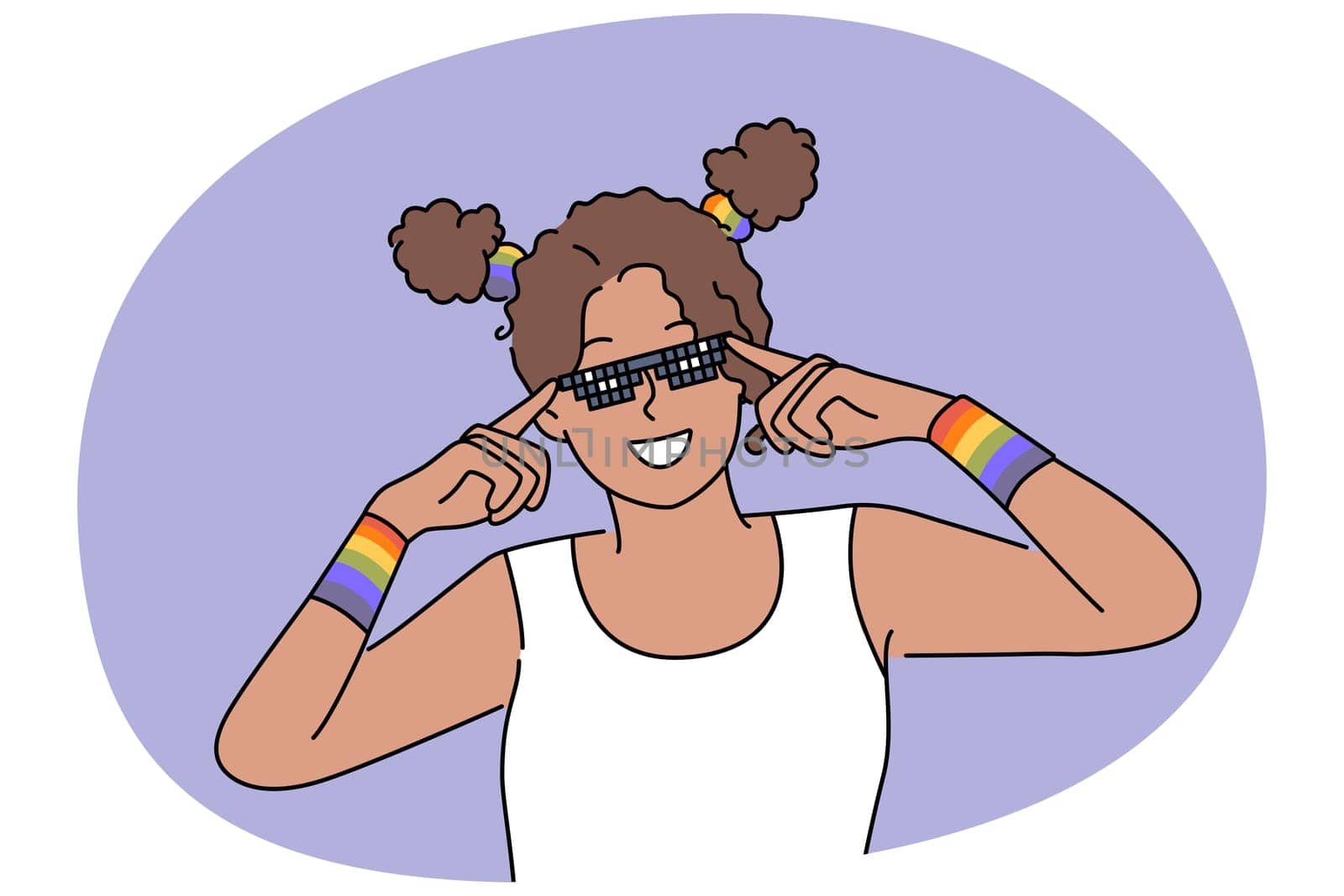 Woman with LGBT bracelets adjusts sunglasses and smiles, drawing attention to problems of LGBTq community. African American girl fight against discrimination against lesbian and LGBT activists