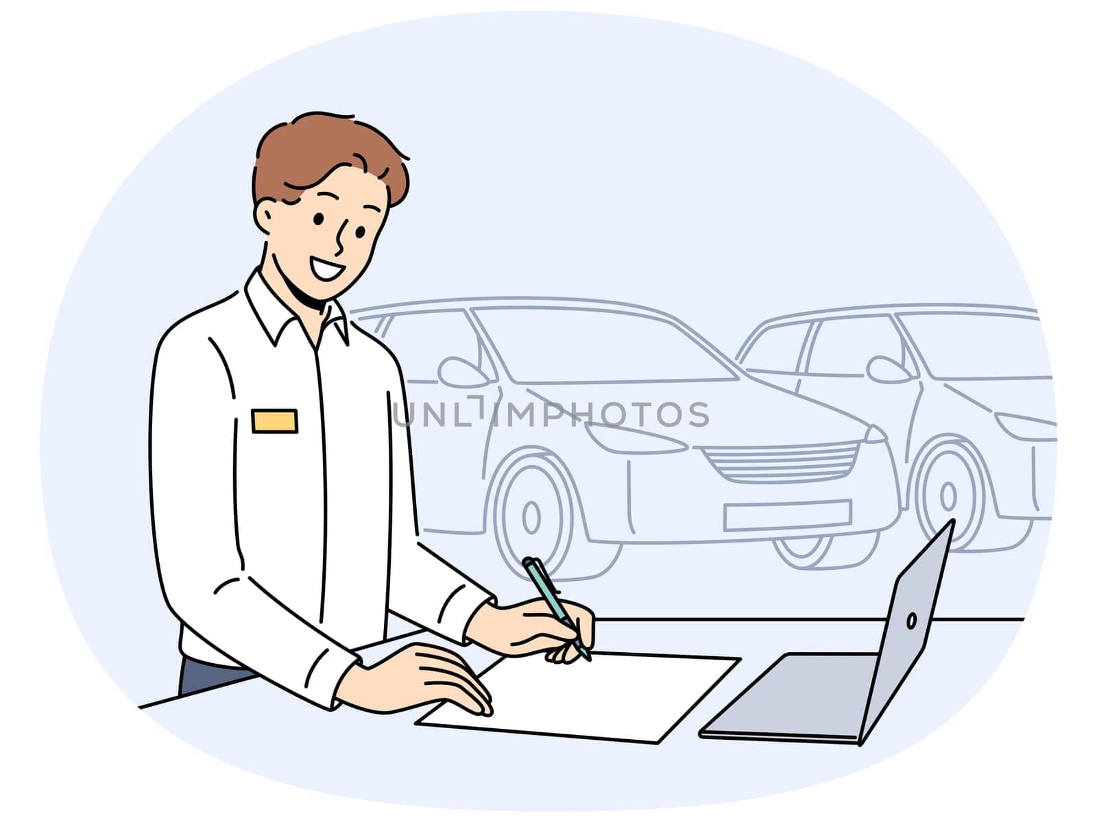 Man car salesman stands in showroom near vehicles and fills out contract for sale of sedan. Successful guy works as sales agent in car dealership, helping people get automobiles at bargain price.