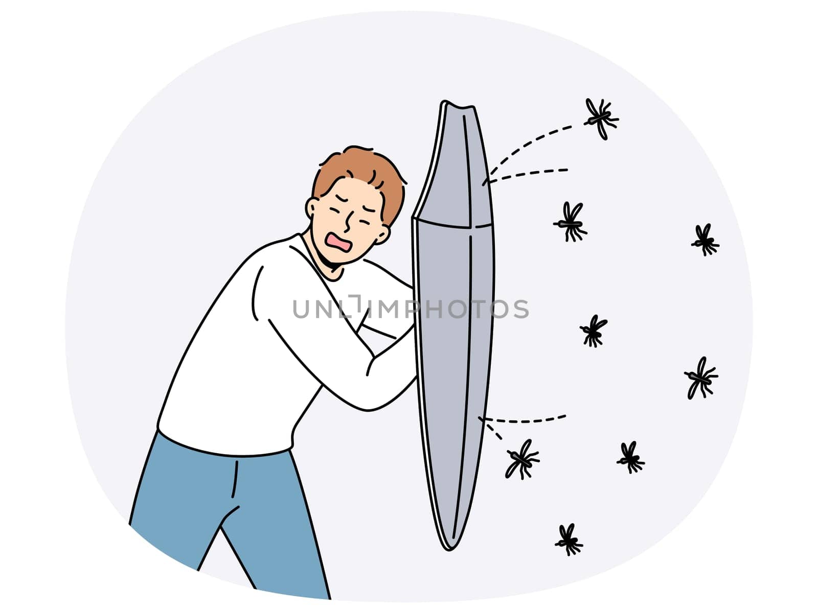 Man defends himself from mosquitoes using shield and screaming, need in fumigator or insect spray. Guy with insectophobia, afraid contracting maleria after being bitten by blood-sucking mosquitoes