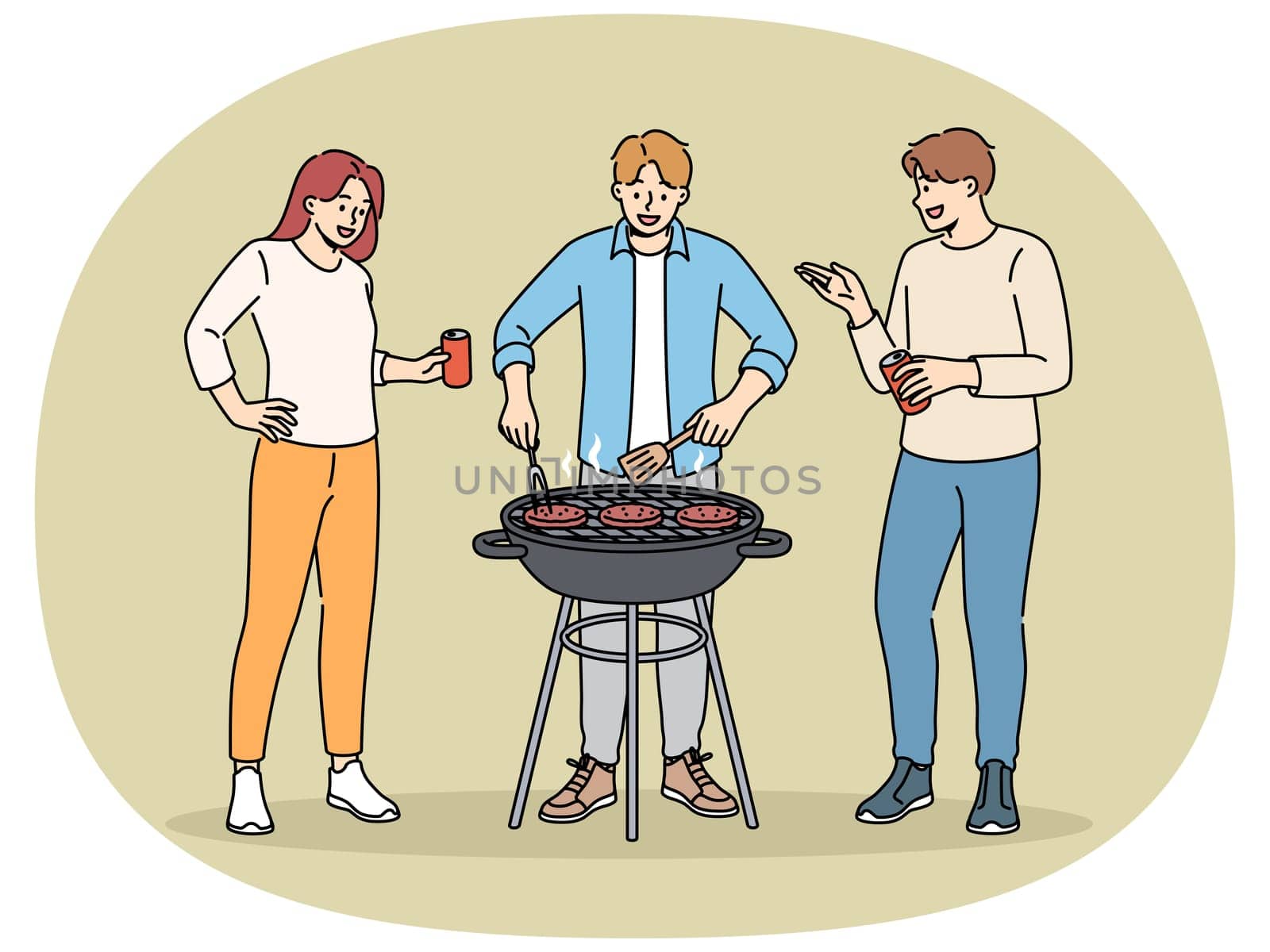 BBQ party with cheerful friends drinking beer and grilling meat on grill in park or in backyard of house. Happy people celebrating start of summer vacation and cooking beef meat on BBQ coals
