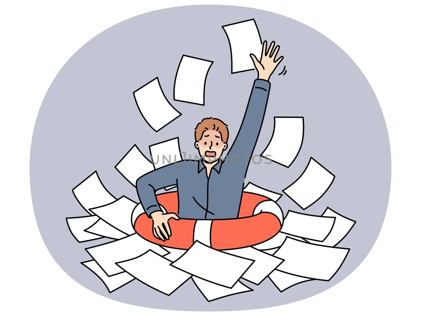 Business man with lifeline is drowning in paperwork, suffering from burnout-causing bureaucracy. Corporate manager guy needs help with digitalization and getting rid of bureaucracy.