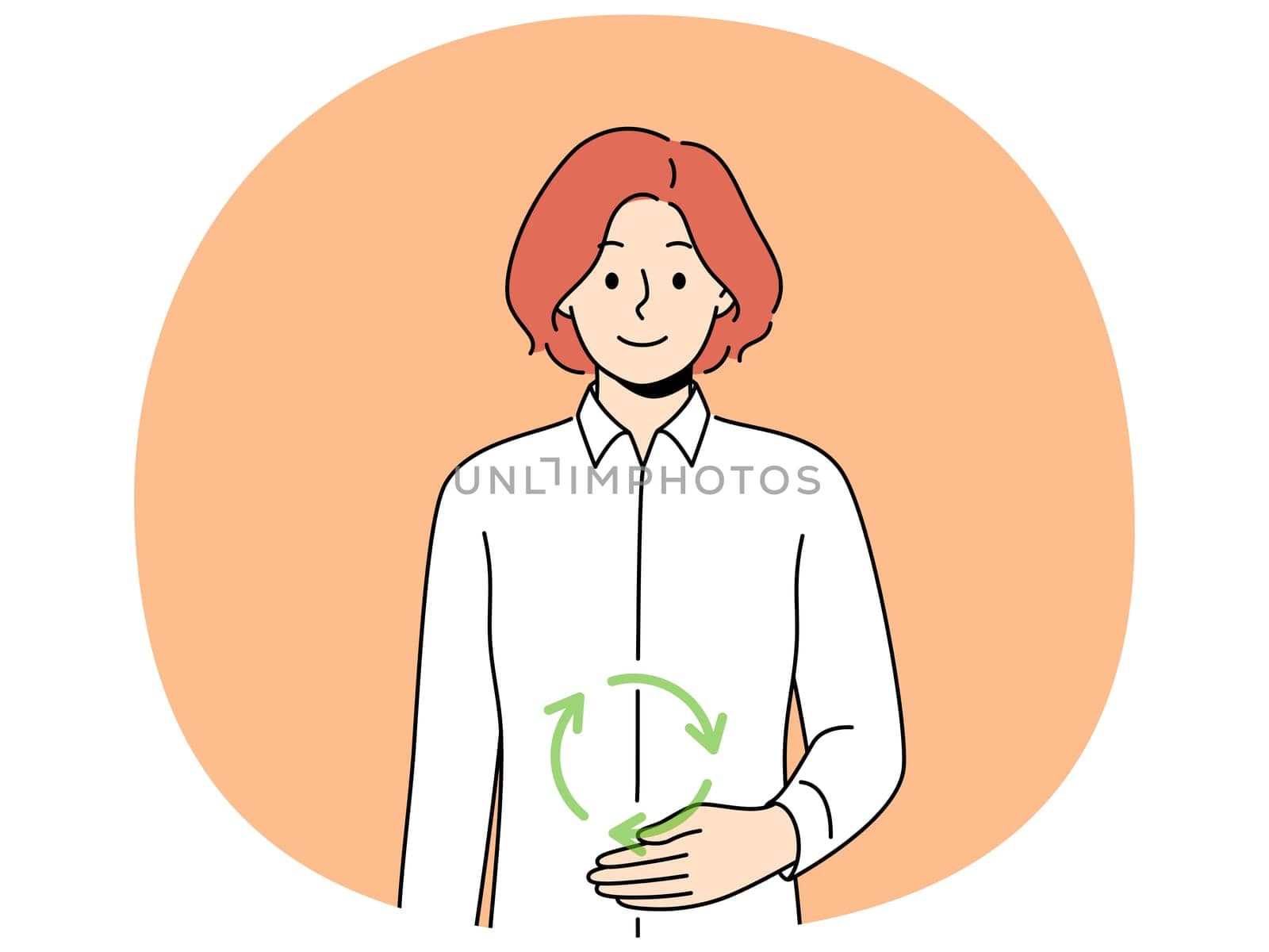 Woman with symbol of digestion near stomach, smiling and looking at screen, recommending to take care of gastrointestinal tract. Concept of caring for digestion and intestinal microbiota