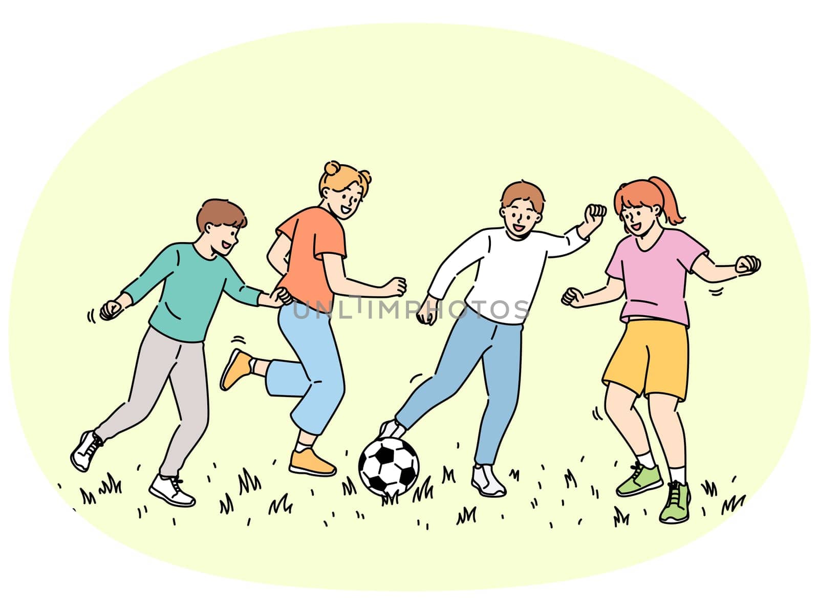 Happy children play football, running on sunny lawn and kicking football ball. Cheerful boys and girls enjoy summer holidays participating in soccer tournament for elementary school students