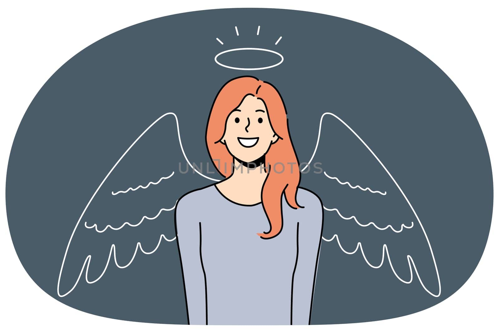 Woman with halo and angel wings smiles, calling to be kind and merciful towards others. Girl angel wants to become volunteer charitable organization that helps those in need in solving social problems