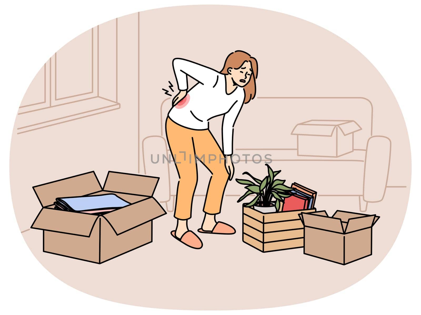 Sick woman moving to new apartment and suffers from back pain, stands among heavy boxes. Lonely tired girl suffers from sciatica or hernia due to moving on own, and needs help of movers