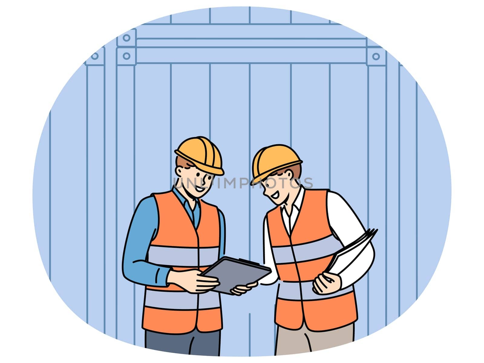 Men work in industrial field and stand near sea shipping containers discussing logistics or storage cargo. Teamwork of transport company employees dressed in industrial uniforms and hardhat