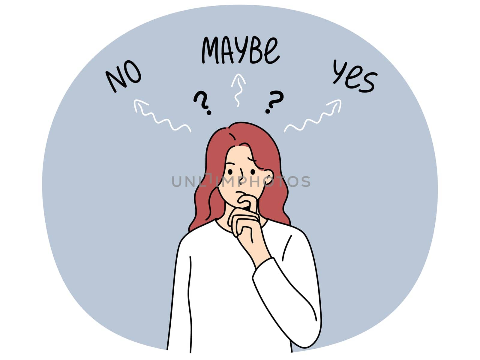 Thinking woman makes difficult solution and reflects on problem that has arisen, standing near words yes and no. Embarrassed girl is stressed because of need to make choice and find solution