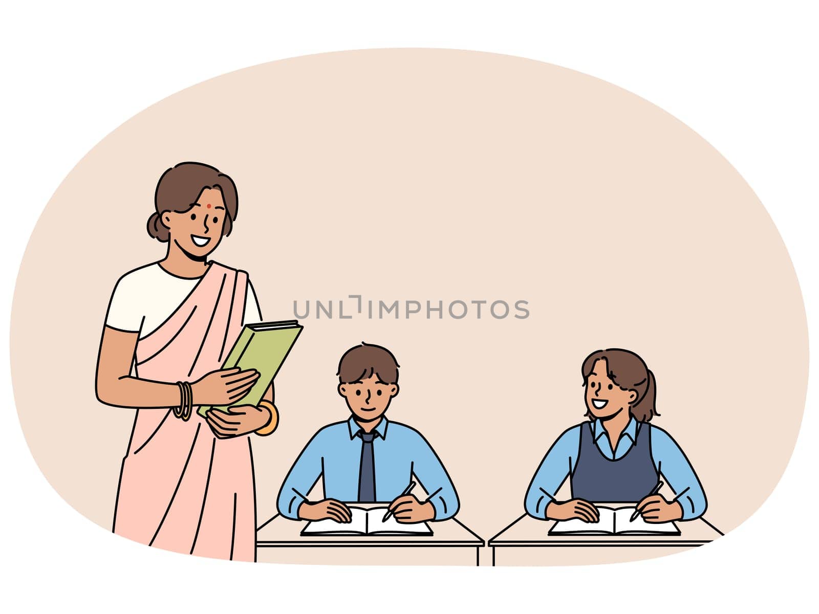 Indian woman teacher works in primary school, standing near children sitting at desks in classroom. Girl teacher from india, makes career in education and gives kids new knowledge.