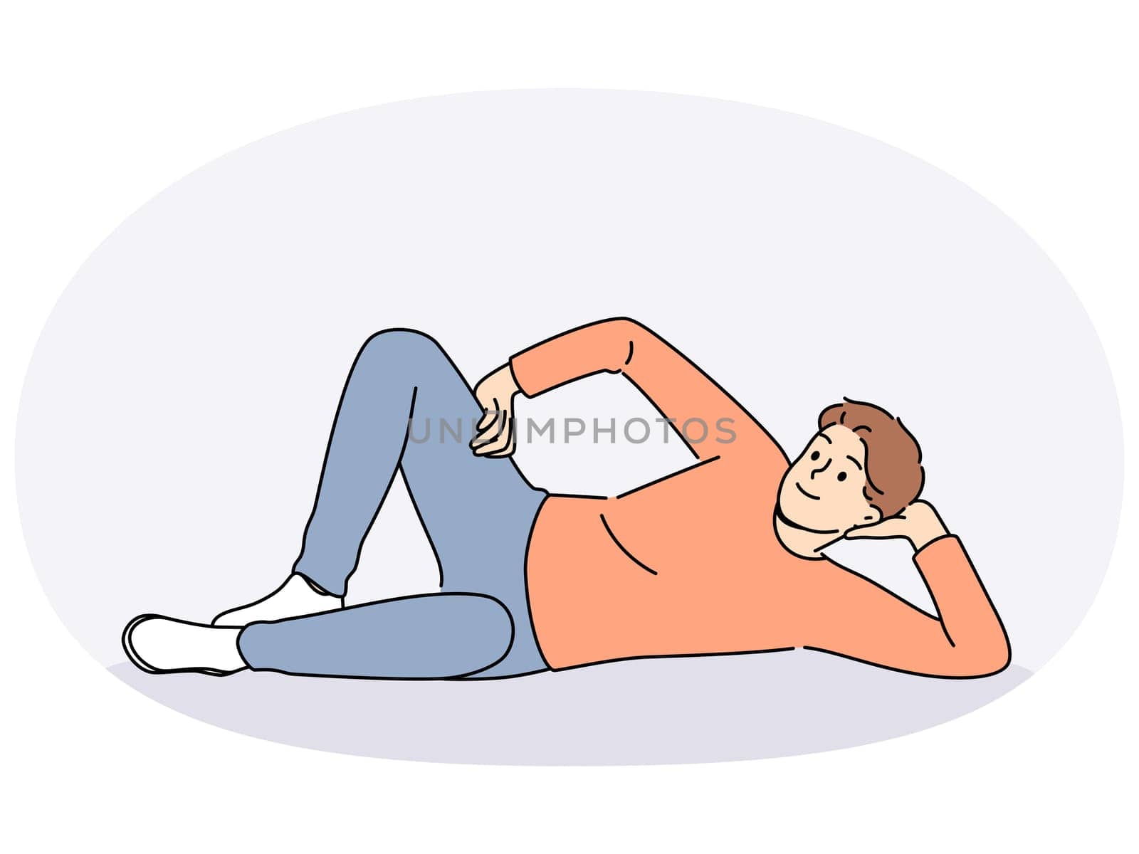 Man lies on floor with hand under head and with smile looks at screen, offering to relax and unwind. Happy guy lies on ground and smiles, feeling lazy orlacking initiative for personal growth.
