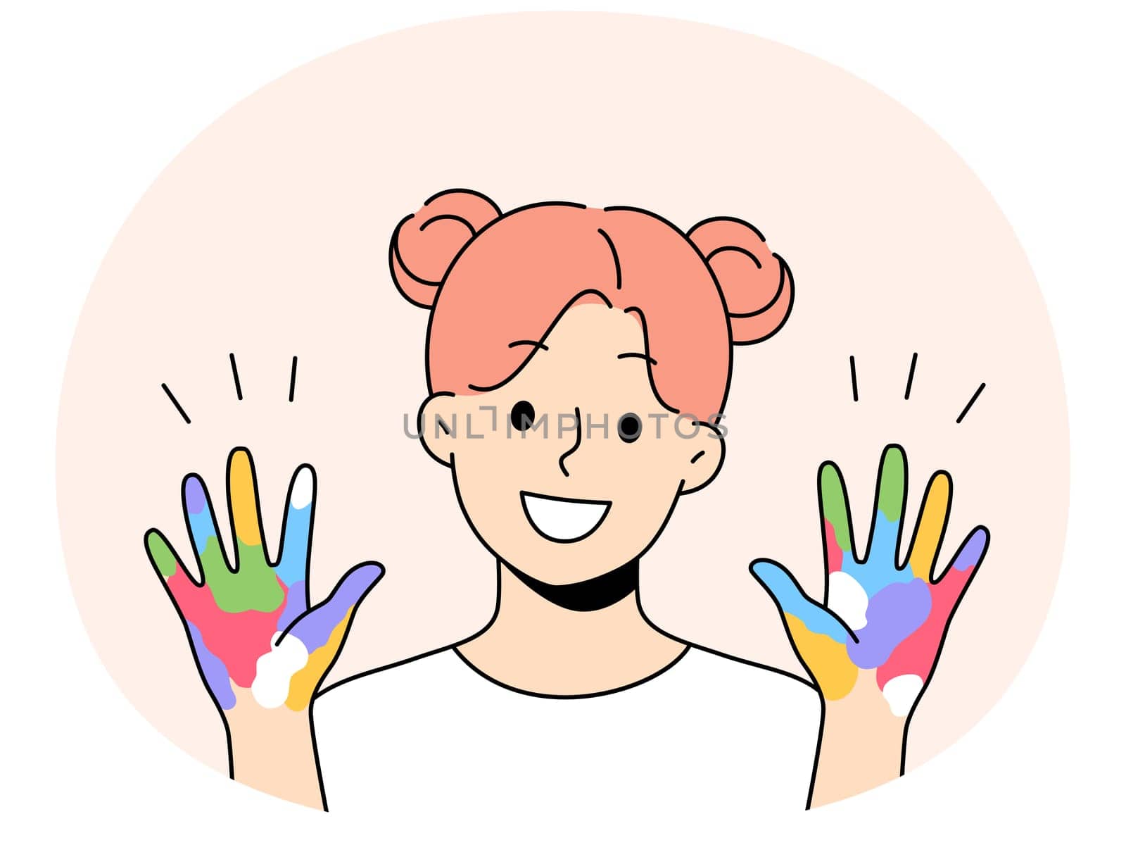 Little artist girl shows colorful palms painted with watercolors, offering to painting together. Schoolgirl who loves painting and creativity, dreams of creating masterpiece or working in field of art