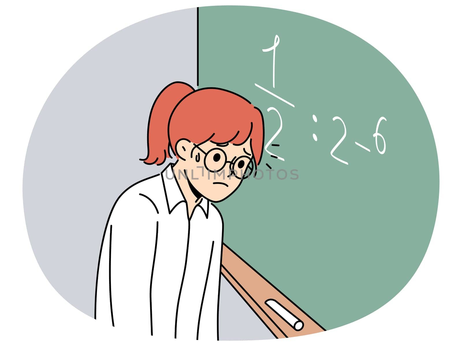 Schoolgirl standing near chalkboard gets, upset because doesnt know solution of mathematical example and needs help of tutor. Girl is having trouble getting elementary school mathematical education